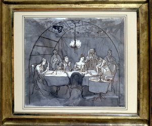 Fête des Cabanes no restaurante Kasher, da família de Moses Ulmann. Desenho sobre papel, lavagem com caneta em 1831 35,5 x 31,3 cm. (JM 189) Museu Judaico da Basiléia, Suíça. de Jewish School