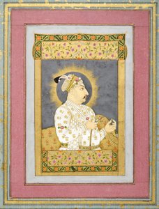Retrato de Muhammad Shah segurando uma esmeralda e o bocal de um Huqqa, c.1730 tinta com wc & ouro em papel de Jharokha Nidha Mal