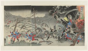 Destruição da ferrovia na Manchúria durante a Guerra Russo-Japonesa Nichiro Shiberia tetsudô Manshûsen hakai no zu (título do objeto) de Jinsai Rosetsu