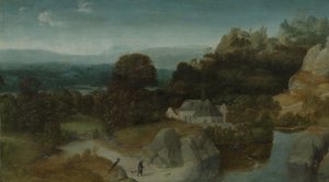 Paisagem com a tentação de Santo António Abade de Joachim Patinir (workshop of)