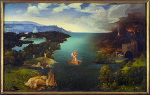 A passagem do Styx Charon (Caron) em seu barco no Submundo. Pintura de Joachim Patinir (Skater) (1485-1524) (ec.flam.) Sol 0,64x1,03 m Madrid, musee du prado