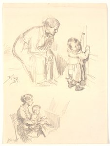 Estudos de duas figuras. Acima, uma mulher sentada observando uma criança na porta; abaixo, uma mulher com uma faixa ao piano de Joakim Frederik Skovgaard