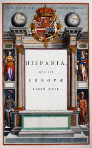 Hispania quae est Europae, Livro XVII, folha de rosto do Volume IX, de Atlas Maior, atlas em 11 volumes, de Joan Blaeu (1596-1673), gravura em cobre, 57,5x39 cm, Amsterdão