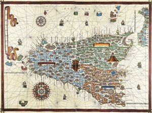 Isle of Sicily. (Sicília) Mapa de navegação de Joan Martines (1556-1591)