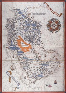 Mapa da Península Arábica, com a rosa dos ventos e detalhes dos portos e costas marítimas, no Atlas de Joan Martines