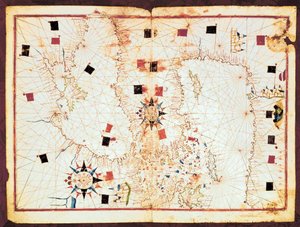 Mapa da parte oriental do Mediterrâneo e do Mar Negro, manuscrito de um atlas portolan do século XVI (manuscrito)