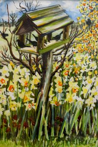 Narcisos e Pássaros no Birdhouse, 2000, (guache) de Joan Thewsey
