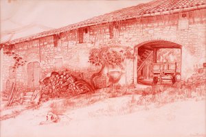 Farmhouse, Provence, 2000, lápis de conte de terracota de Joan Thewsey
