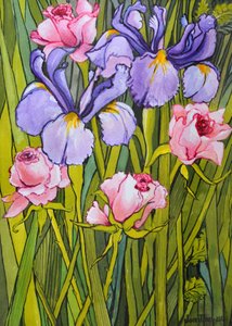 Rosas e íris no jardim, 2003, de Joan Thewsey