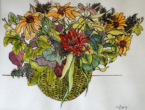 Rudbeckia com folhagem em uma cesta, 2011, (caneta, tinta e aquarela) de Joan Thewsey