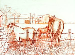 Serenata, Janie e um burro no prado, 2000, (Terracotta Conte`) de Joan Thewsey