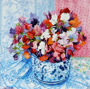 Ervilhas em um pote azul e branco, 2010, aquarela de Joan Thewsey