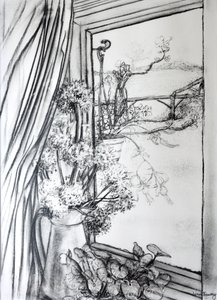Vista através da janela da casa de campo, 1970 (carvão vegetal) de Joan Thewsey