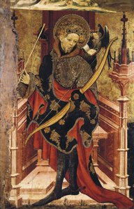 São Sebastião e Crucificação. c.1417-25 (tempera sobre madeira) de Joan or Juan Mates