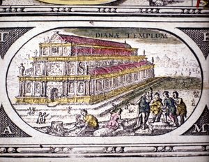 Representação das Sete Maravilhas da Antiguidade: o Templo de Diana (Ártemis) em Éfeso. no Atlas de Jansson Jannsonius impresso em Amsterdã em 1630. Coleção particular.