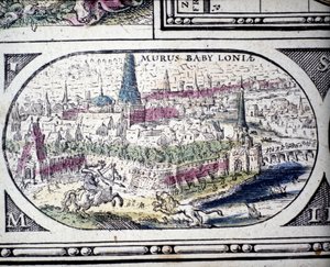 Representação das Sete Maravilhas da Antiguidade: os Jardins da Babilônia. no Atlas por Jansson Jannsonius impresso em Amsterdã em 1630