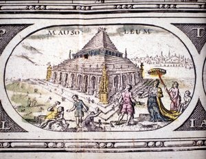 Representação das Sete Maravilhas da Antiguidade: o Mausoléu de Halicarnassus. no Atlas por Jansson Jannsonius impresso em Amesterdão em 1630. Coleção privada.