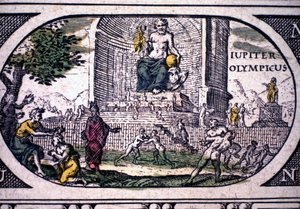 Representação das Sete Maravilhas da Antiguidade: a estátua de Júpiter (Zeus) de Phidias - em "O Atlas" de Jansson Jannsonius, impresso em Amsterdã em 1630