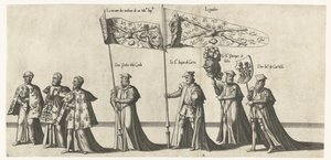 Deel van de optocht, nr. 3 en 4
Begrafenisoptocht van keizer Karel V, 1558 (título da série)
La magnifique, et sumptueuse Pompe Funebre, faite aus Obseques & Funerailles du tres-grand & tres-victorieus Empereur Charles Cinquième, Celebrées en la Vile de 