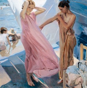 ""Apres le bain"" (Depois do Banho) duas jovens trocando de roupa após o banho no mar Pintura de Joaquin Sorolla y Bastida (1863-1923) - 1909 - Óleo sobre tela - Museo Sorolla Madrid