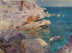 Jávea rock com barco branco. 1905 de Joaquín Sorolla