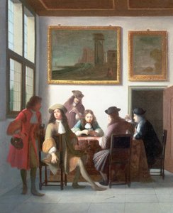 Um interior elegante com homens jogando cartas