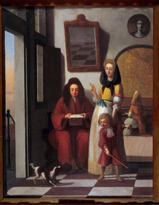 Cena do género Uma família num interior. A mãe mantém o filho a brincar com o cão. Pintura de Job Berckheyden (1630-1696) Século XVII Avignon, Museu Calvet