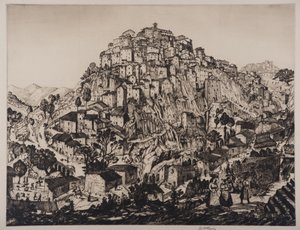 Vista de Anticoli Corrado com mulheres camponesas em primeiro plano (gravura e ponto de seca)
