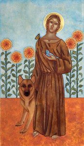 São Francisco e o lobo de Gubbio, 2009 (têmpera de ovo e ouro de 24 quilates sobre madeira) de Jodi Simmons