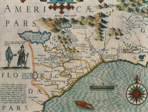 A costa da Carolina do Norte, o detalhe do mapa intitulou o artigo de Virginiae e o Floridae do atlas de Mercator… de 1606, bar. por Jodocus Hondius, gravura de 1619 cores à mão ver também 66818, 81957 e 81958