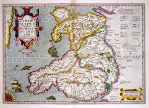Mapa do País de Gales, publicado c.1630 (gravura colorida à mão)