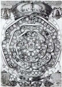 A União das Rosas das Famílias de Lancaster e York, 1589 (placa de gravura) de Jodocus Hondius