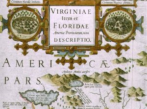 Cartouche de título e inserções, detalhe do mapa de Carolina do Norte intitulou artigo de Virginiae e Floridae, do Atlas de Mercator ... de 1606, bar. por Jodocus Hondius, 1619 (gravura colorida à mão) (ver também