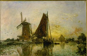 Barcos e moinhos de vento na Holanda (óleo sobre tela)