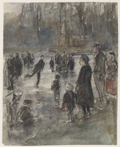 Diversão no gelo no lago congelado em Haagse Bos de Johan Antonie de Jonge