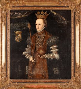 Retrato de Margaret Lejonhufvud (nee Margareta Eriksdotter) (1516-1551), Rainha da Suécia - Pintura de Johan Baptista van Uther (activo 1562-1597), óleo sobre tela (102x90 cm) de Johan Baptista van (active 1562 1597) Uther