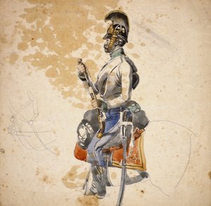 Um policial do 5º Regimento Dragão mostrado recarregando sua pistola, 1840-1850 (lápis e cor de água)