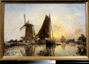 Dutch Landscape, Boats Near the Mill Painting by Jean Barthold Jongkind (1819-1891) 1868 Sun. 0,52x0,81 m Paris, Musee d