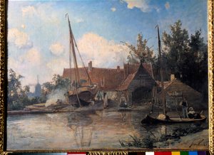 Paisagem Holandesa com uma Grande Pintura de Calafetagem de Barco de Jean Barthold Jongkind (1819-1891) 1857 Sol. 0,42x0,56 m de Johan Barthold Jongkind