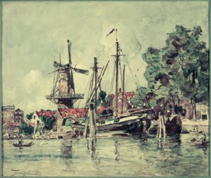 Na Holanda, os barcos perto do moinho de Johan Barthold Jongkind