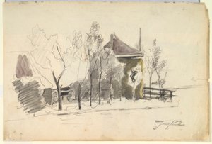 Haywagon em um curral (reto); Vista de uma Fazenda (verso) de Johan Barthold Jongkind