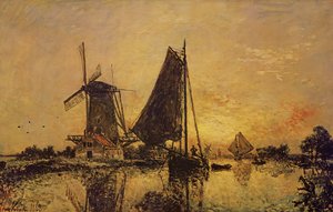 Na Holanda, barcos perto de um moinho de vento, 1868 de Johan Barthold Jongkind