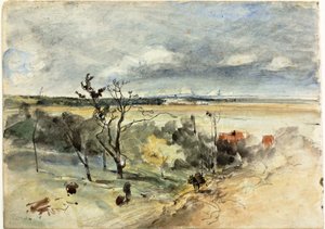 Paisagem com homem em um burro (reto) Duas mulheres em um café (verso) de Johan Barthold Jongkind