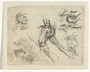 Folha de estudo com cavalos, um homem e um ramo de Johan Bernard Scheffer
