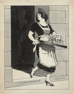 Desenho para ilustração em De Amsterdammer: A Virgem Holandesa como criada com um tabuleiro de óculos viaja sobre a etapa Eleições (17 de Maio de 1924)
