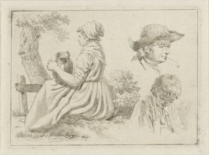 Mulher sentada com jarro de água, retrato de um homem com cano e de um rapaz de Johan Christiaan Willem Safft