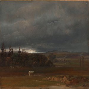 Campo perto de Dresden com cavalo branco de Johan Christian Dahl