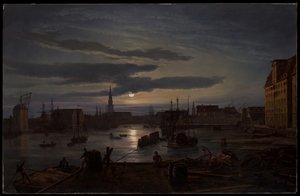 O porto de Copenhaga ao luar de Johan Christian Dahl