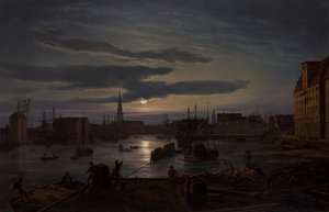 Porto de Copenhague ao luar, 1846. de Johan Christian Dahl