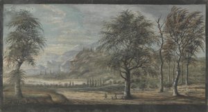 Paisagem com árvores de folha caduca em primeiro plano de Johan Christian Dahl
